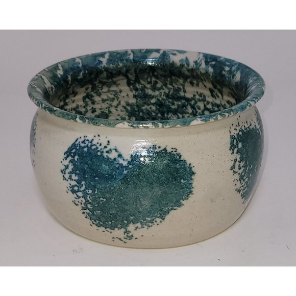 Handmade Beth Weber Signed Turquoise & White Farmhouse Sponge Ware Pottery Bowl - Picture 3 of 5